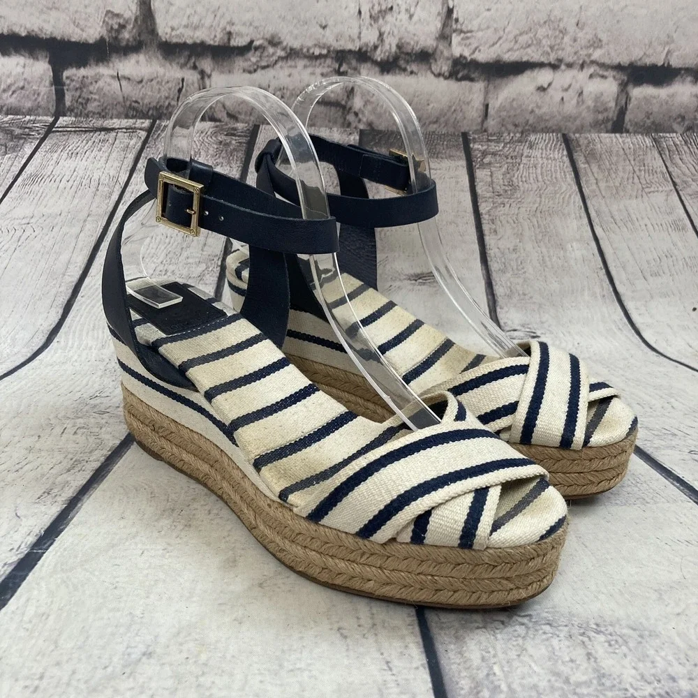 Tory Burch Sandal Women sz 10B Leather Striped Espadrille Blue Ivory Ankle Strap